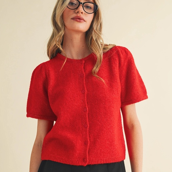 NWT Red Puff Sleeve  Cardigan Sweater - Picture 7 of 8